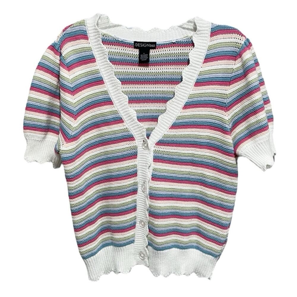 Soft Girl Design History 365 Rainbow Knit Cardigan Sweater Large Retro Striped